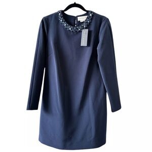 Sachin + Babi Embellished Neck Crepe Lily Dress Long Sleeve Navy Blue Miniskirt